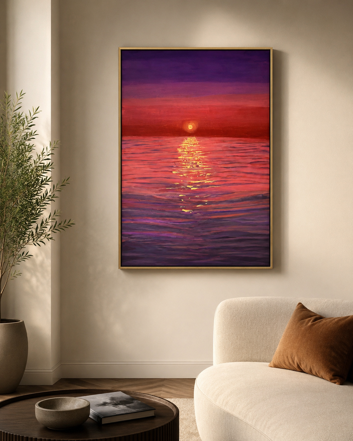 Framed sunset painting in a calm interior
