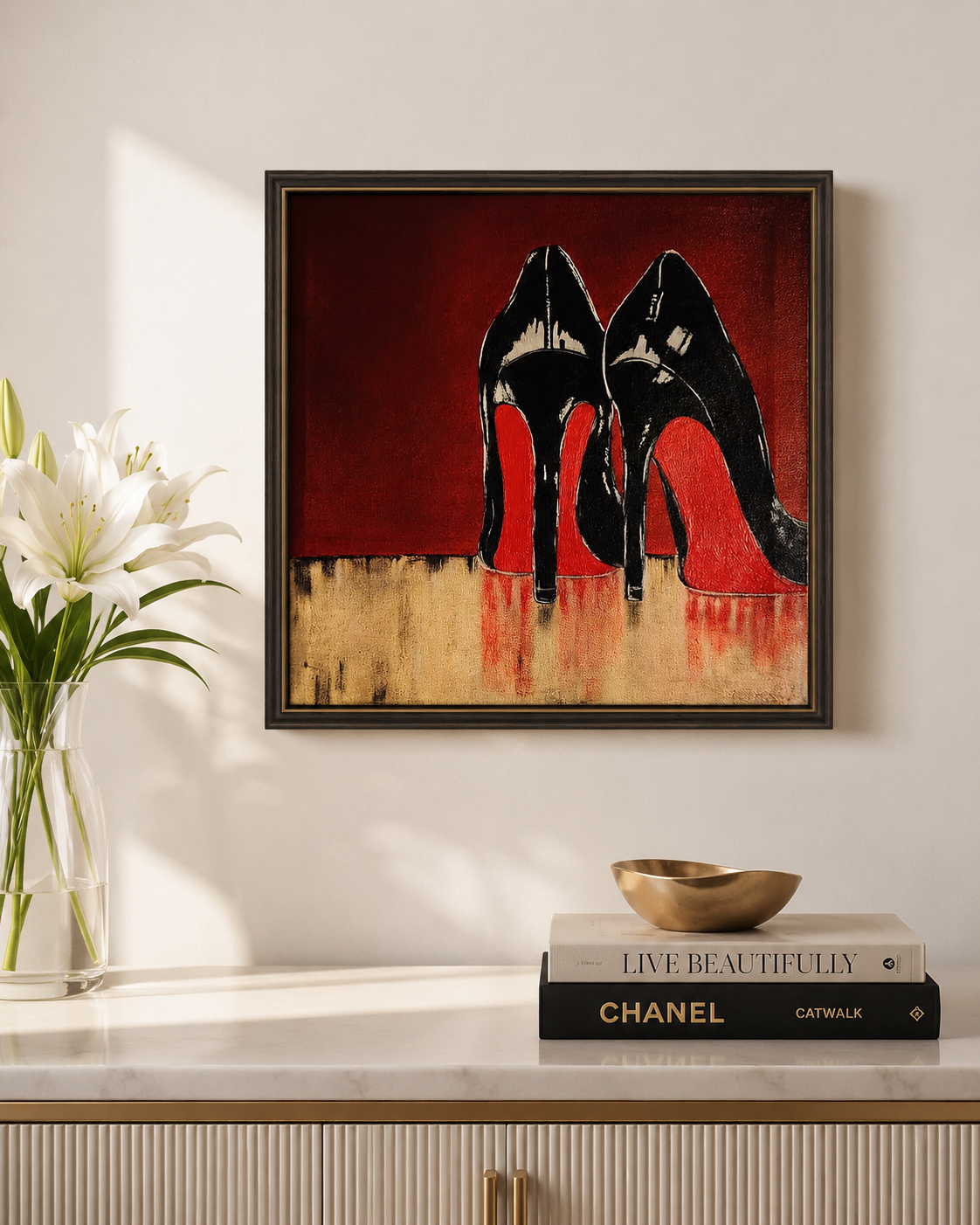 Framed fashion inspired painting with black heels