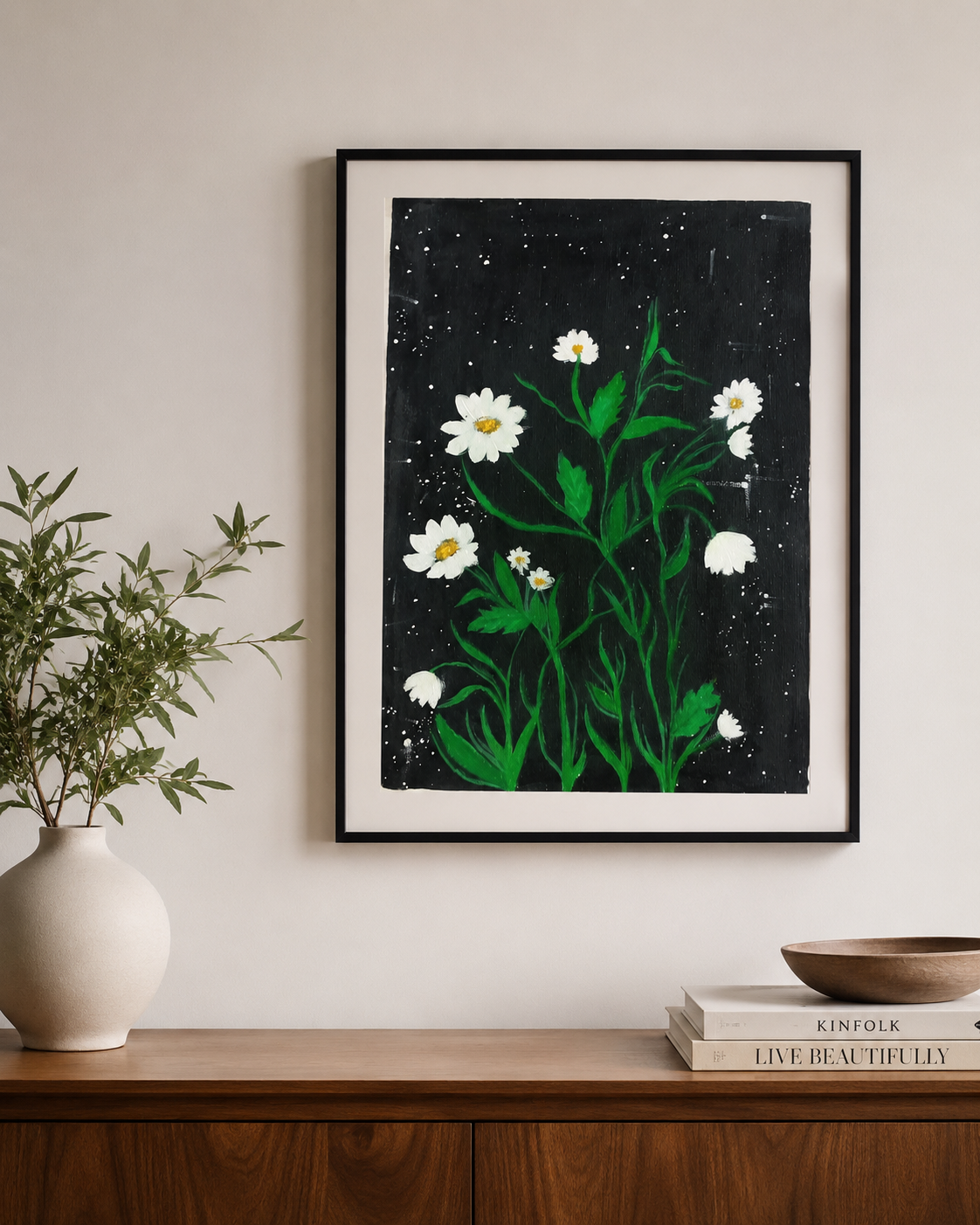 Framed floral painting with white flowers on black