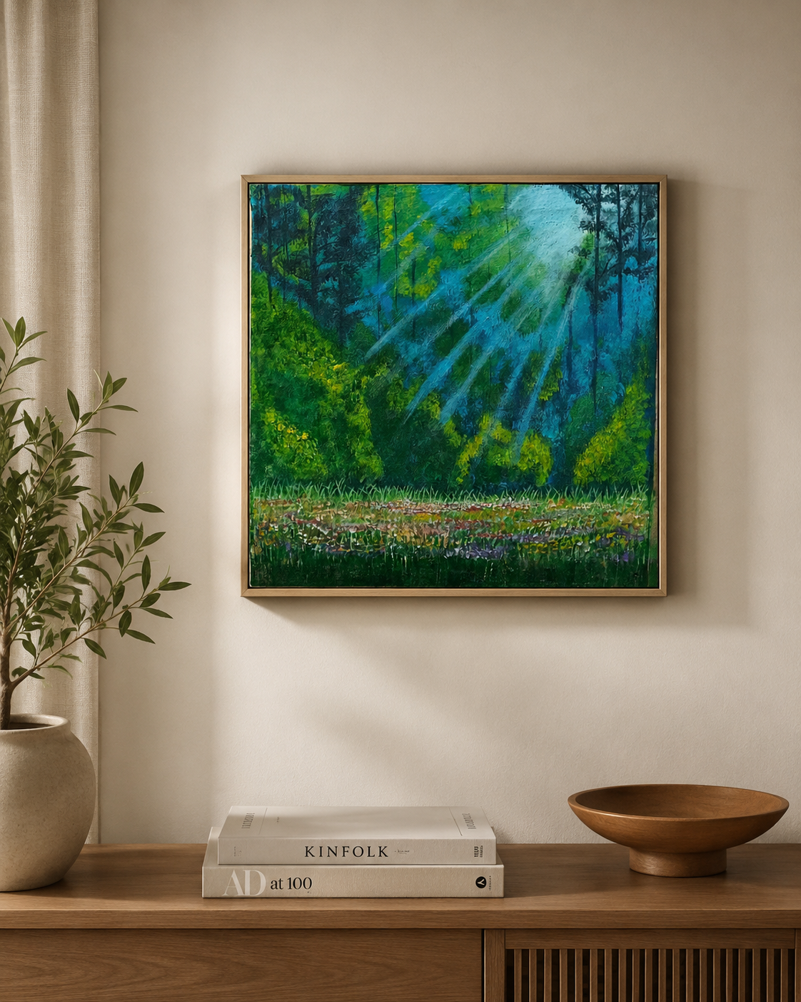 Framed green nature painting with soft light